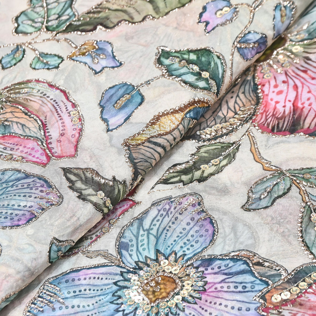 Elegent Viscose Organza Position Print Zari & Sequins Embroidery Fabric – Designer Fabric 00T236-2