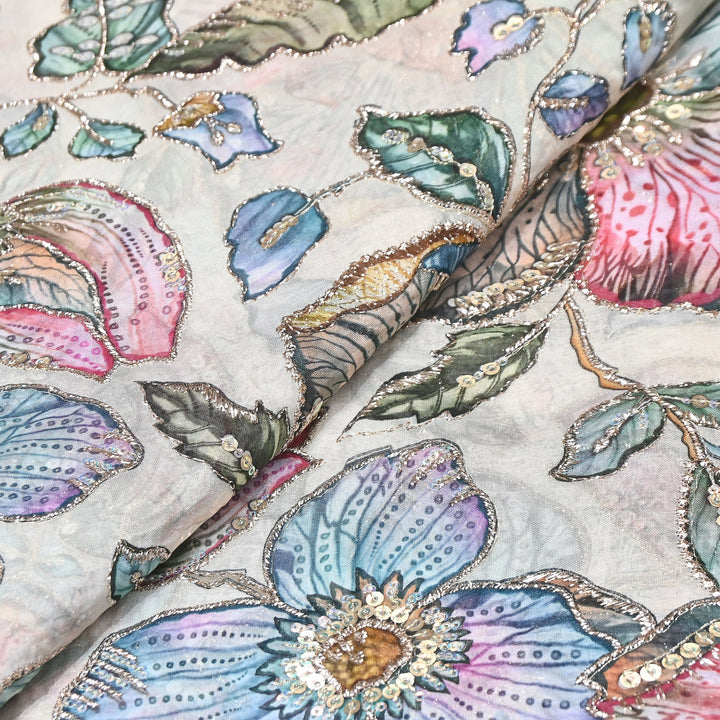 Elegent Viscose Organza Position Print Zari & Sequins Embroidery Fabric – Designer Fabric 00T236-2