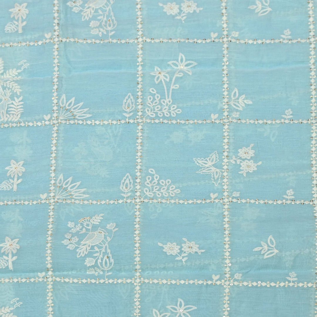 Sky Blue Color Mul Chanderi Thread with Sequins Embroidery Fabric