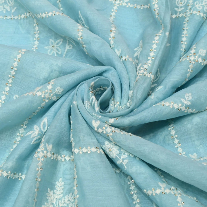 Sky Blue Color Mul Chanderi Thread with Sequins Embroidery Fabric