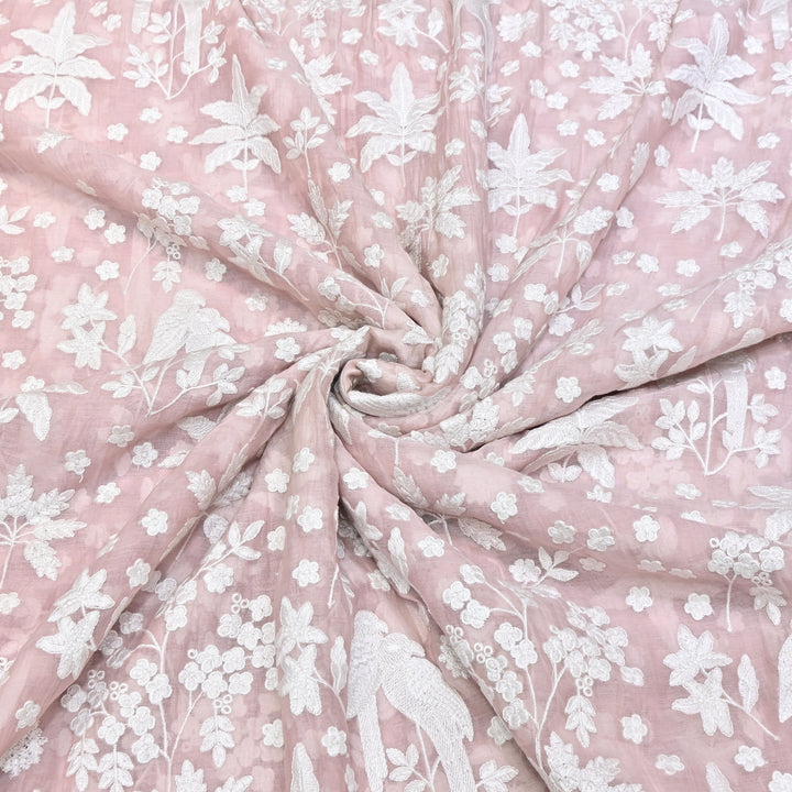 Baby Pink Color Mul Chanderi Thread Embroidery Fabric – Soft Lightweight Designer Fabric- SC0R270-5