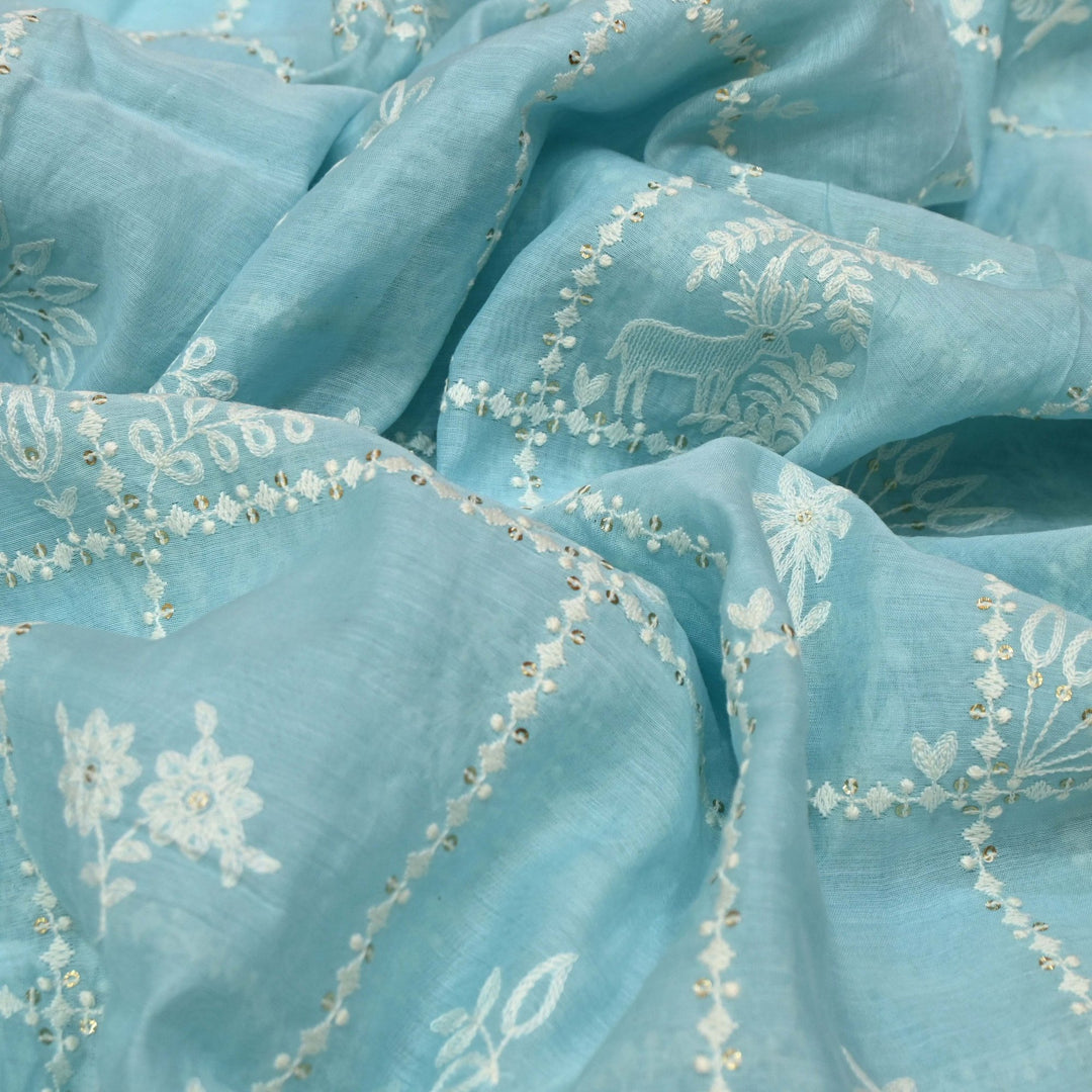 Sky Blue Color Mul Chanderi Thread with Sequins Embroidery Fabric