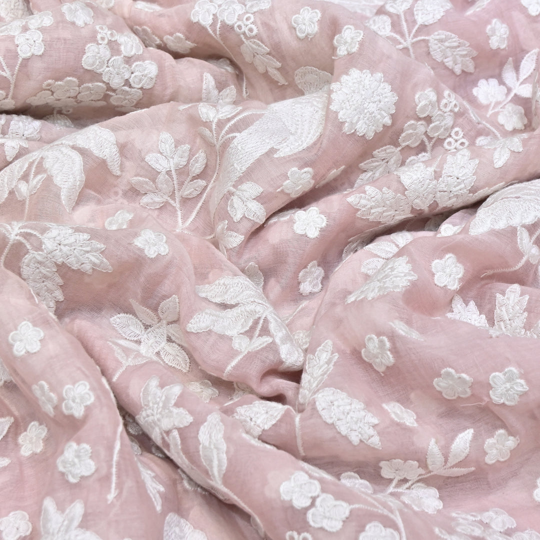 Baby Pink Color Mul Chanderi Thread Embroidery Fabric – Soft Lightweight Designer Fabric- SC0R270-5