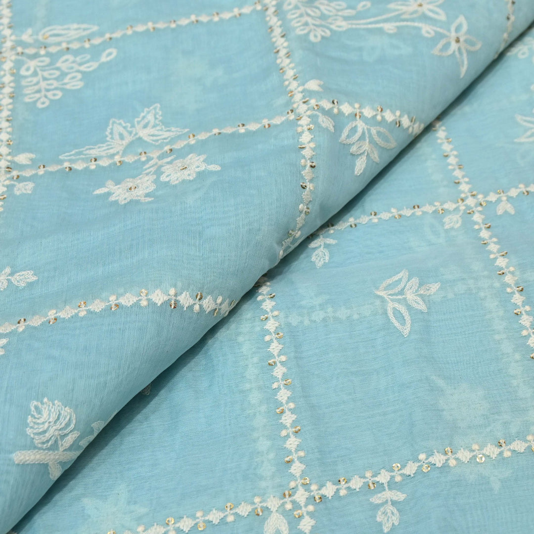 Sky Blue Color Mul Chanderi Thread with Sequins Embroidery Fabric