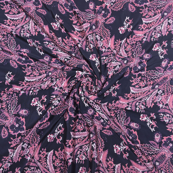 Dark Purple Crepe Fabric in Paisley Motifs Digital Print