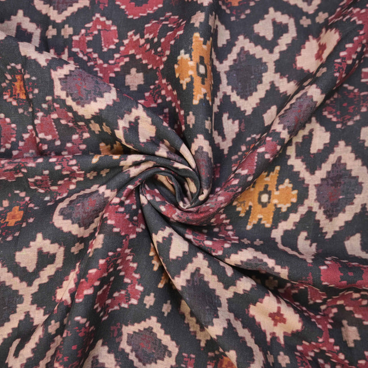 Midnight Black Abstract Printed Pure Linen Fabric