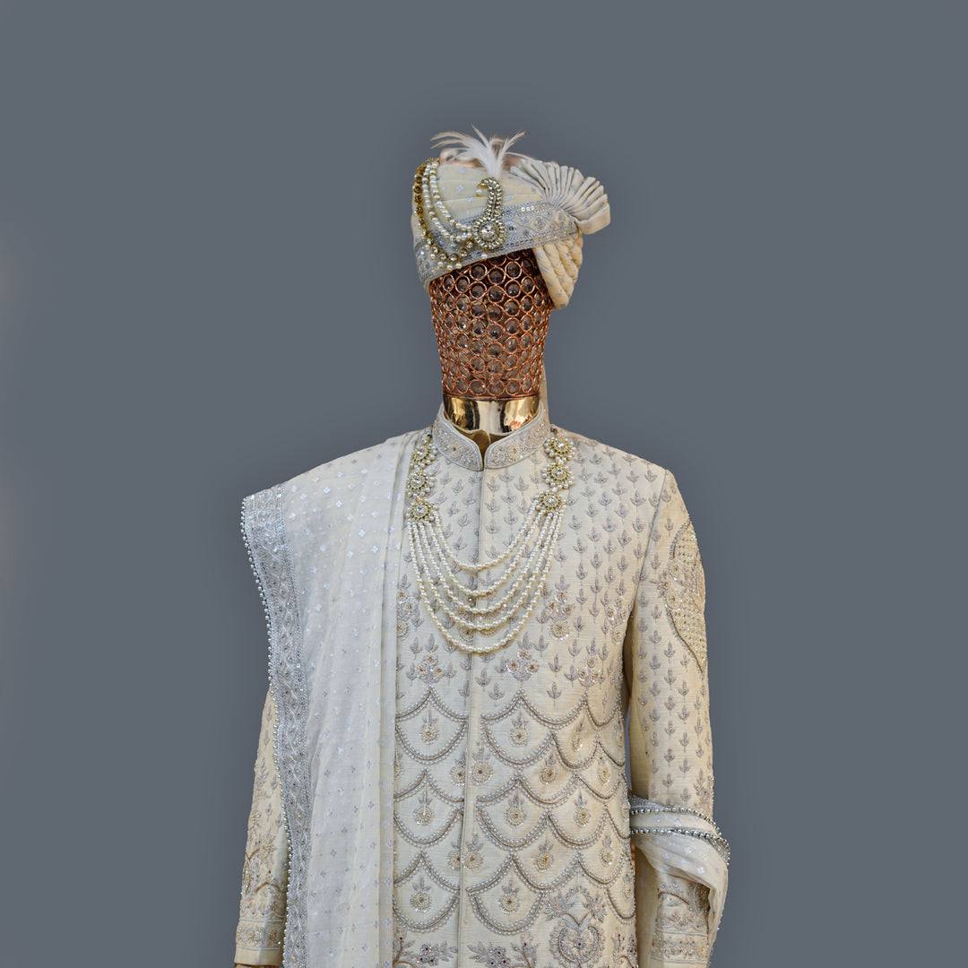 Ivory Raw Silk Sherwani with Silver Zari & Cutdana Handwork Embroidery