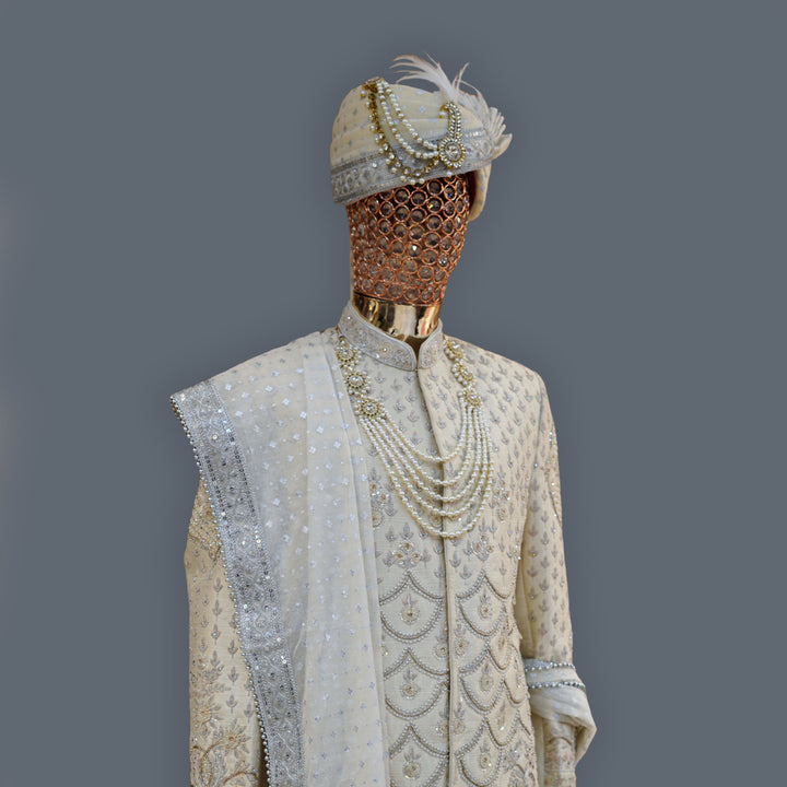 Ivory Raw Silk Sherwani with Silver Zari & Cutdana Handwork Embroidery