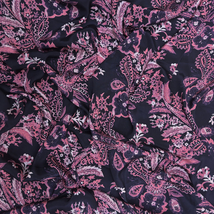 Dark Purple Crepe Fabric in Paisley Motifs Digital Print
