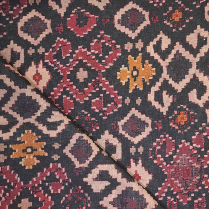 Midnight Black Abstract Printed Pure Linen Fabric