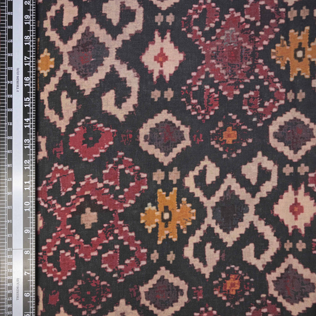 Midnight Black Abstract Printed Pure Linen Fabric