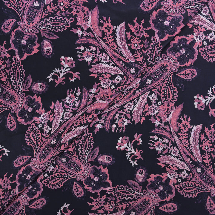 Dark Purple Crepe Fabric in Paisley Motifs Digital Print