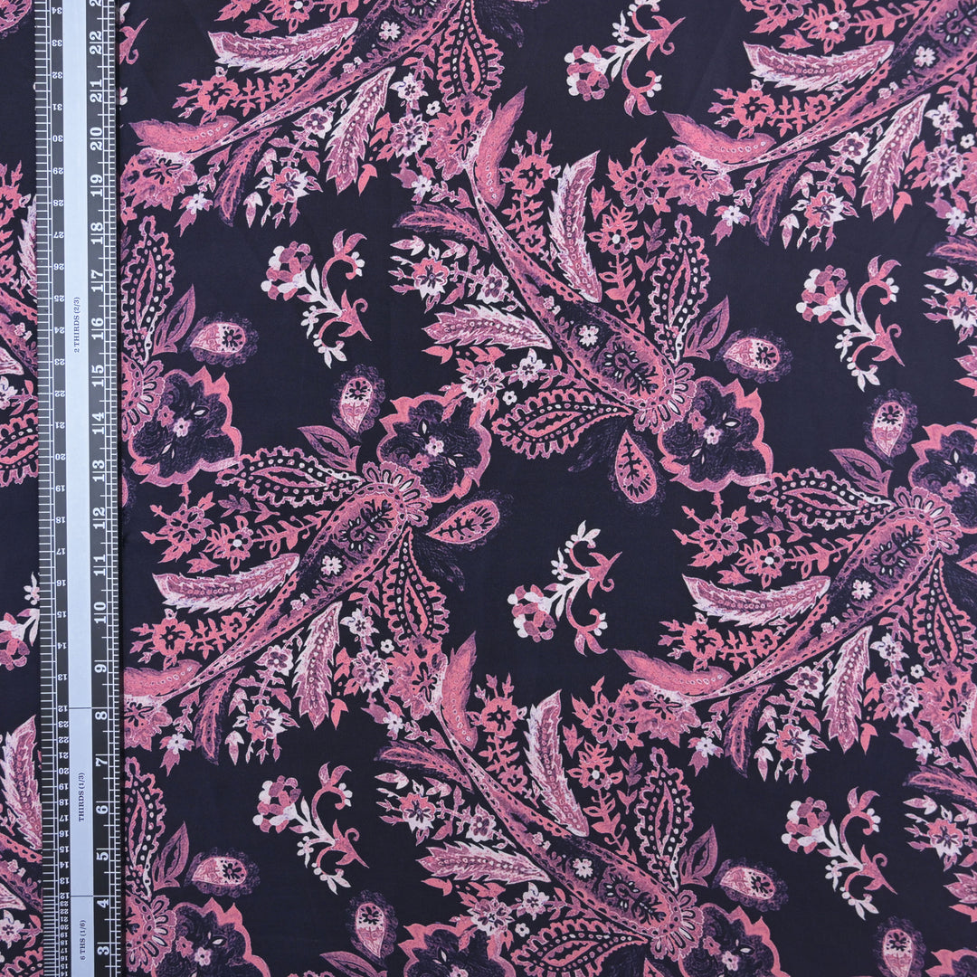 Dark Purple Crepe Fabric in Paisley Motifs Digital Print