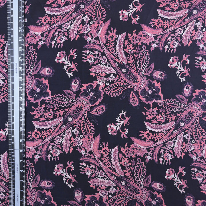 Dark Purple Crepe Fabric in Paisley Motifs Digital Print