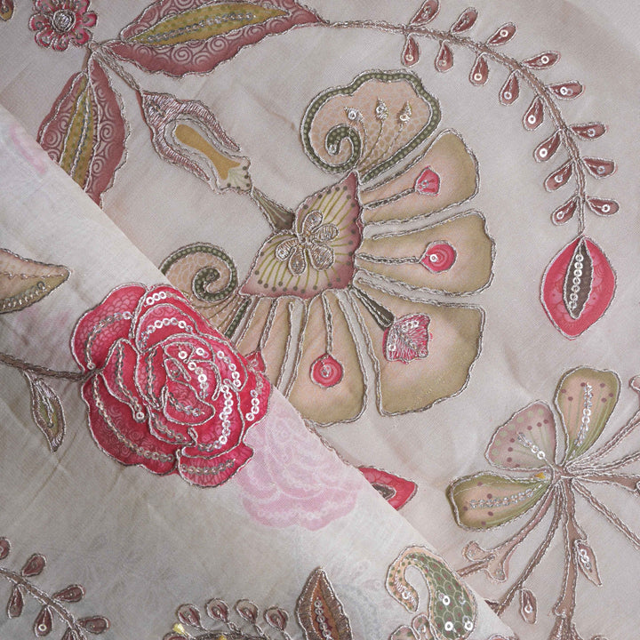 Beige Floral Organza Fabric with Post Print Zari Sequins Embroidery