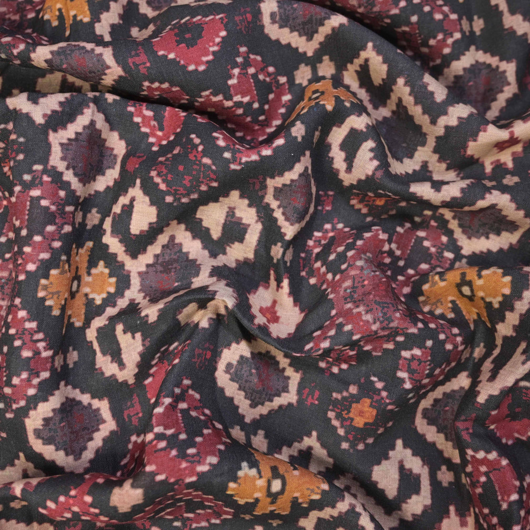 Midnight Black Abstract Printed Pure Linen Fabric