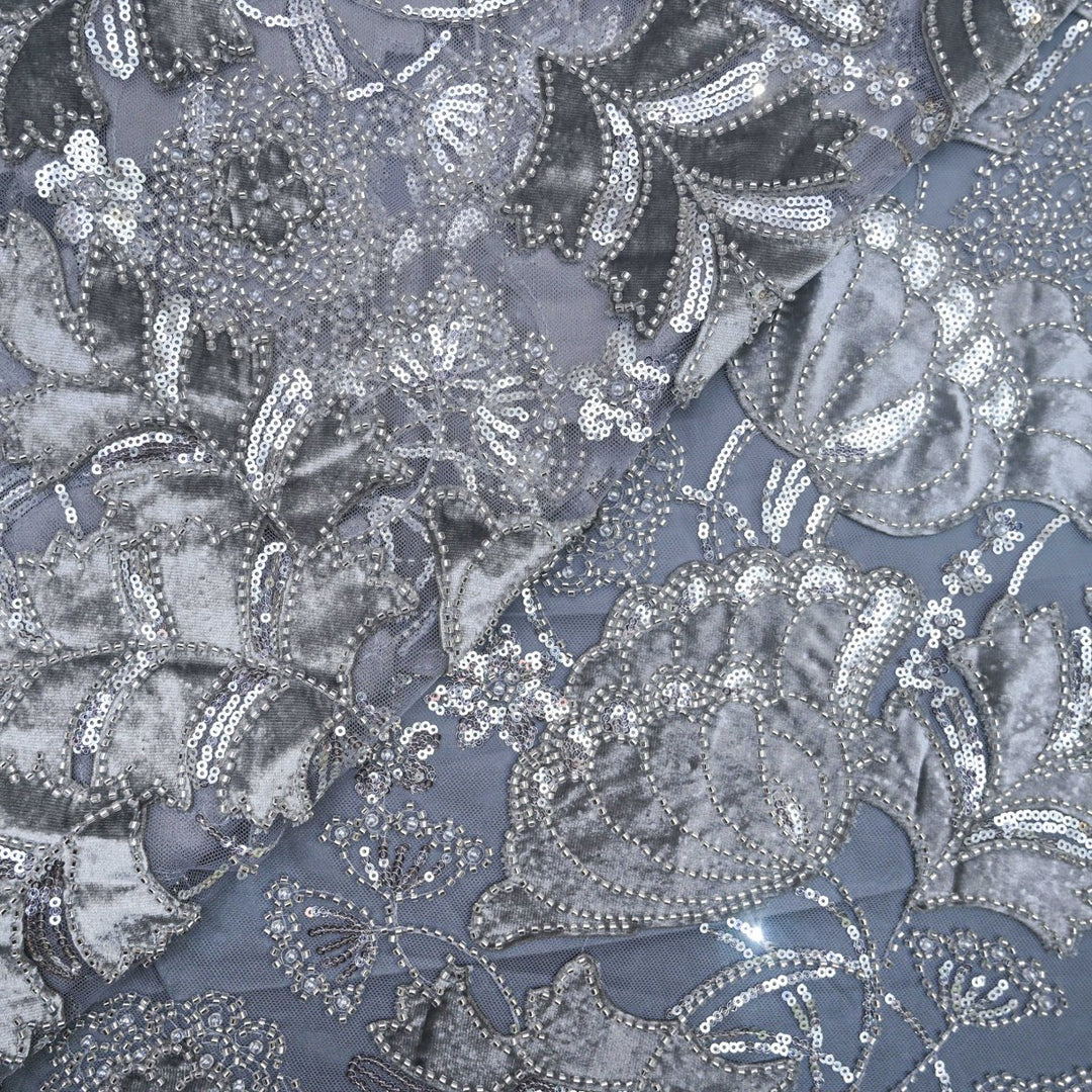 Imported Net Cutdana Sequins With Velvet Patchwork Embroidery Fabrics-24T75B