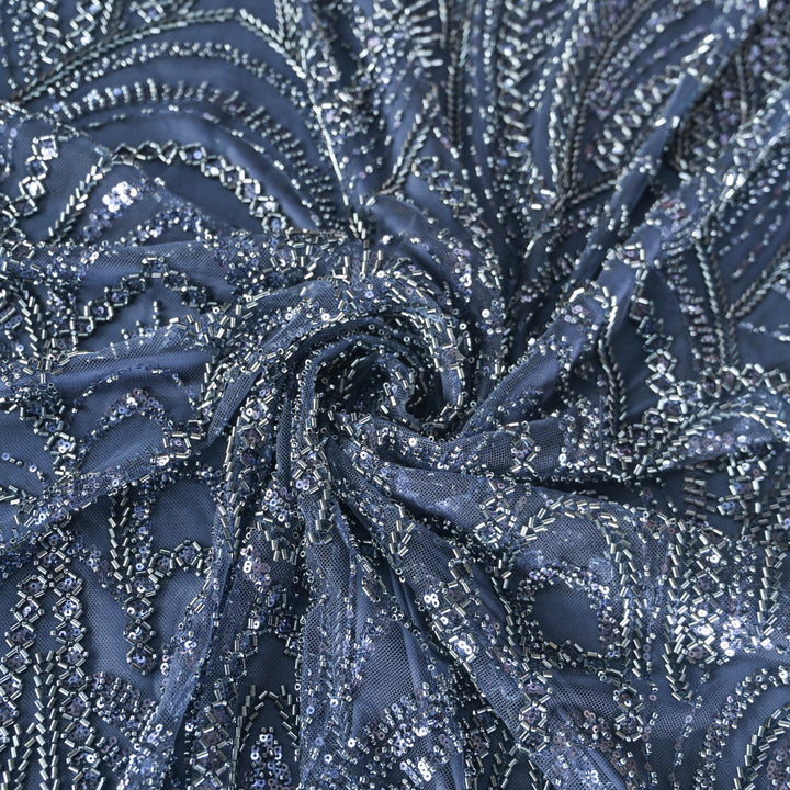 Midnight Blue Imported Net Fabric with allover Zari Embroidery