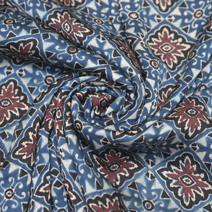 Blue Modal Satin Fabric in Traditonal Digital Print