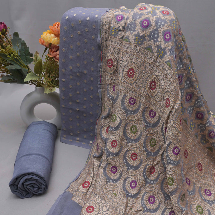 Grey Zari Embroidery Unstitched Suit Set