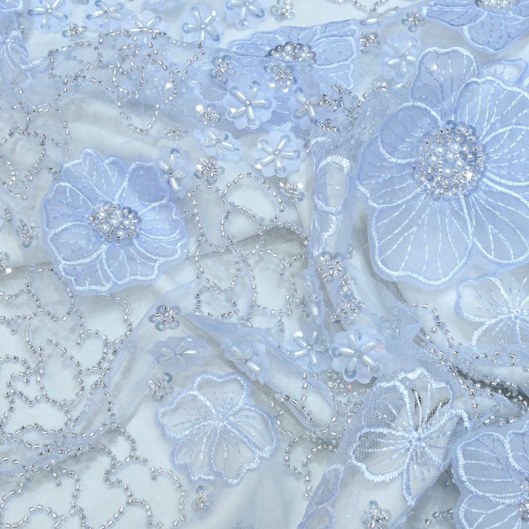 Cut dana and sequin heavy embroidered fabric with 3D flower on imported net