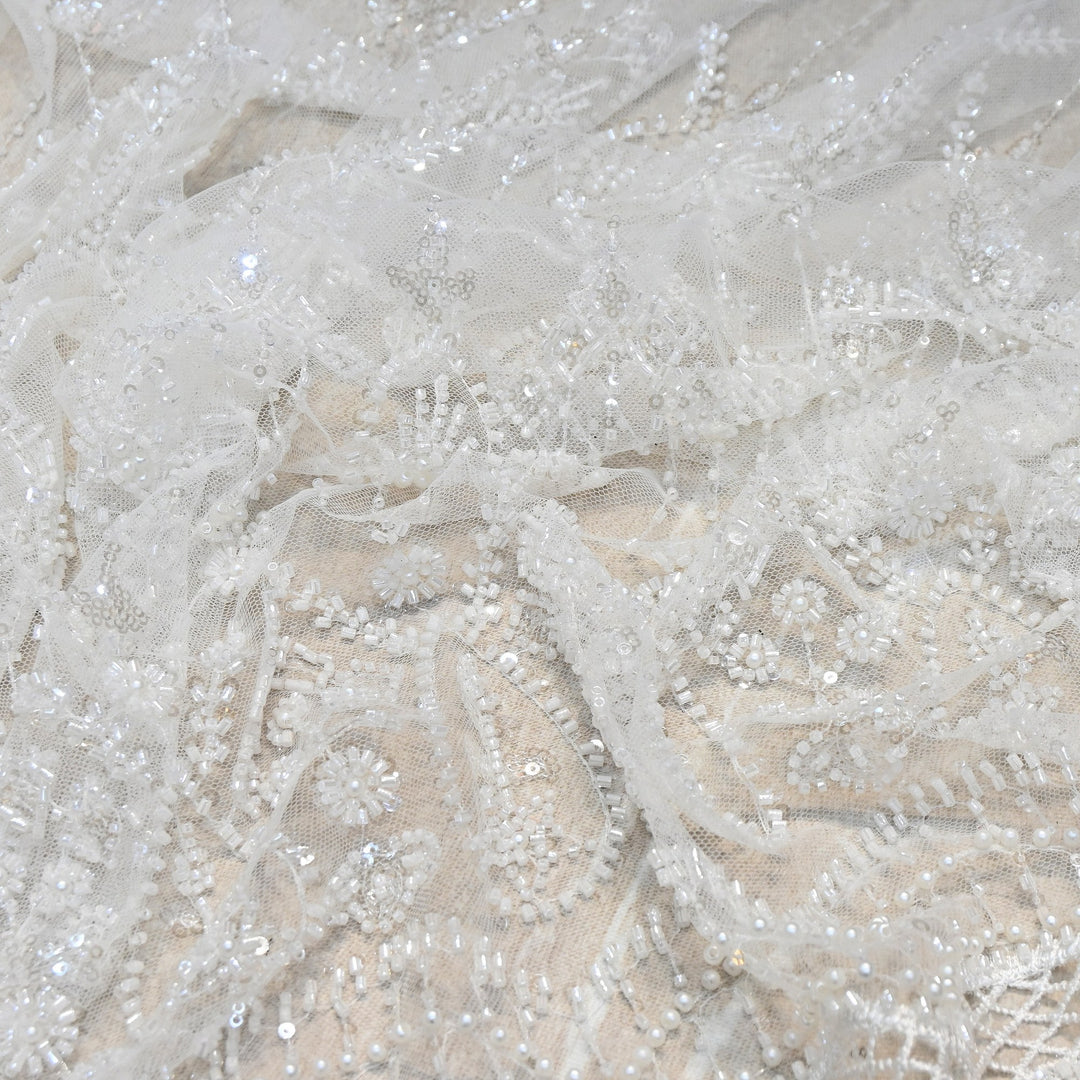 Premium Imported Heavy Moti, Beaded & Sequins Embroidered Net Fabric- 8828138-01