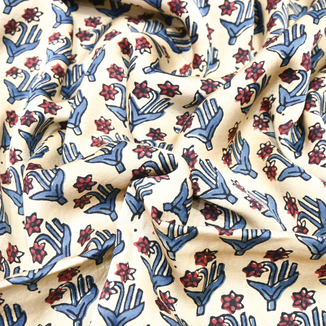 Off White with Navy Blue  Modal Satin Fabric in Digital Print.