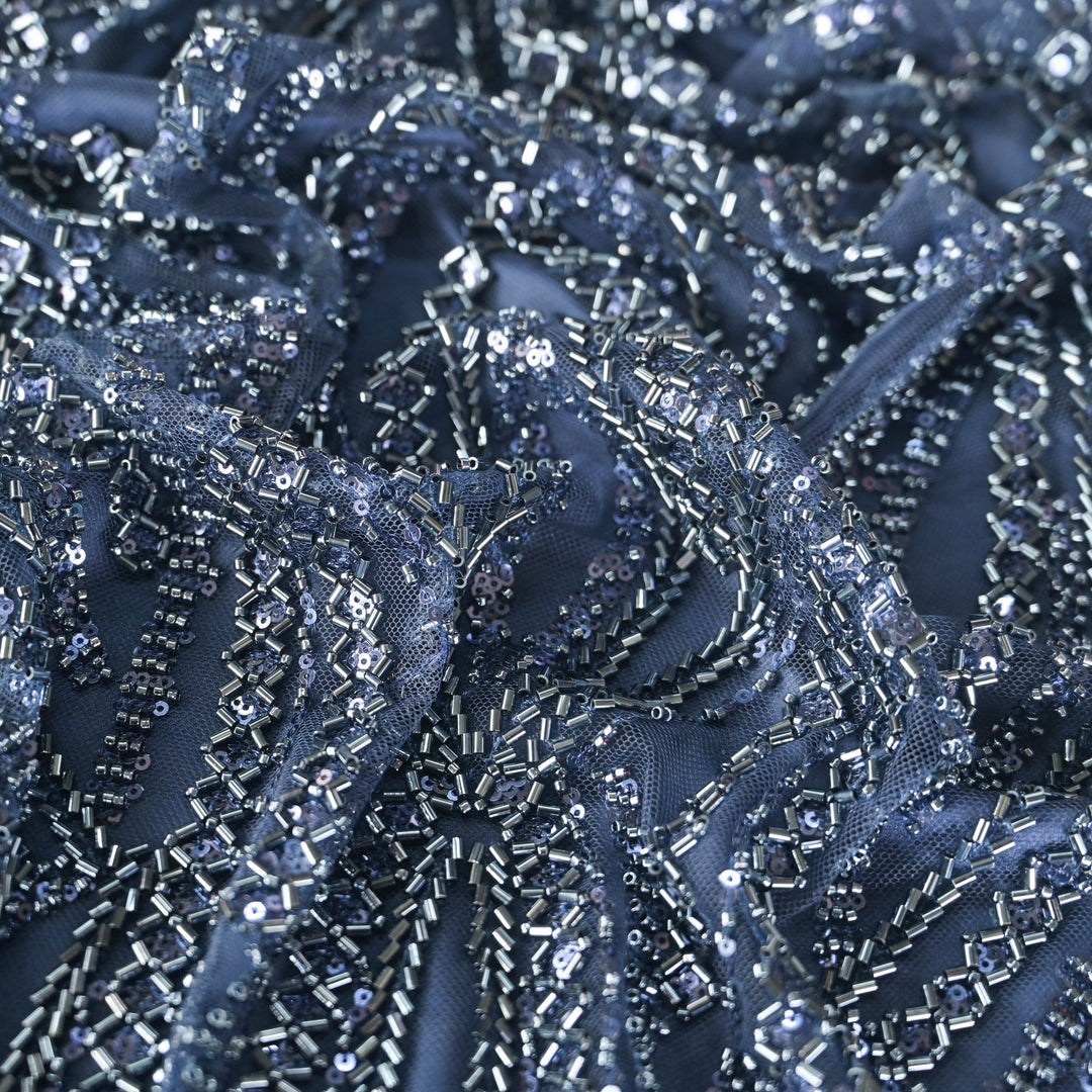 Midnight Blue Imported Net Fabric with allover Zari Embroidery