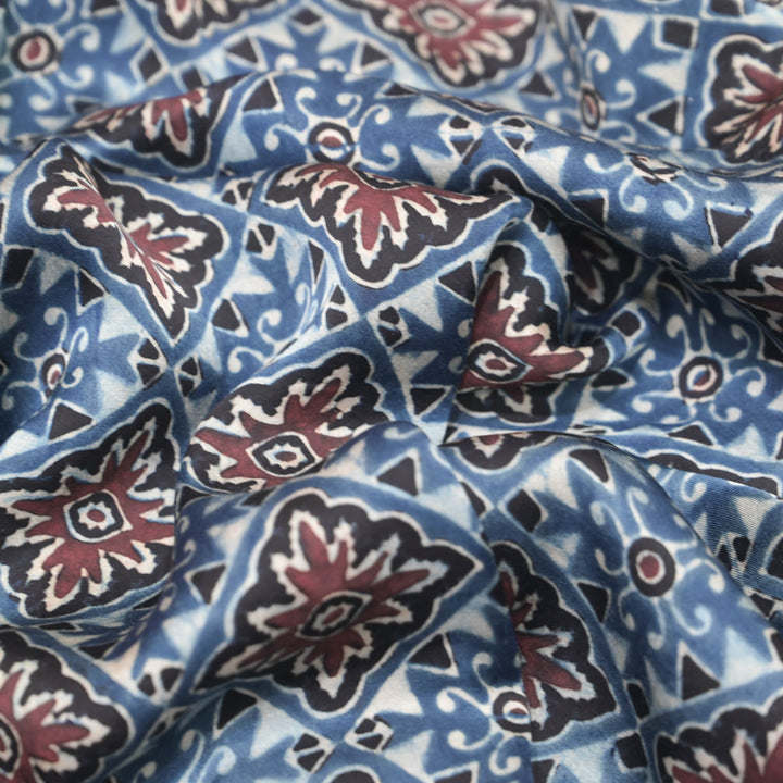 Blue Modal Satin Fabric in Traditonal Digital Print