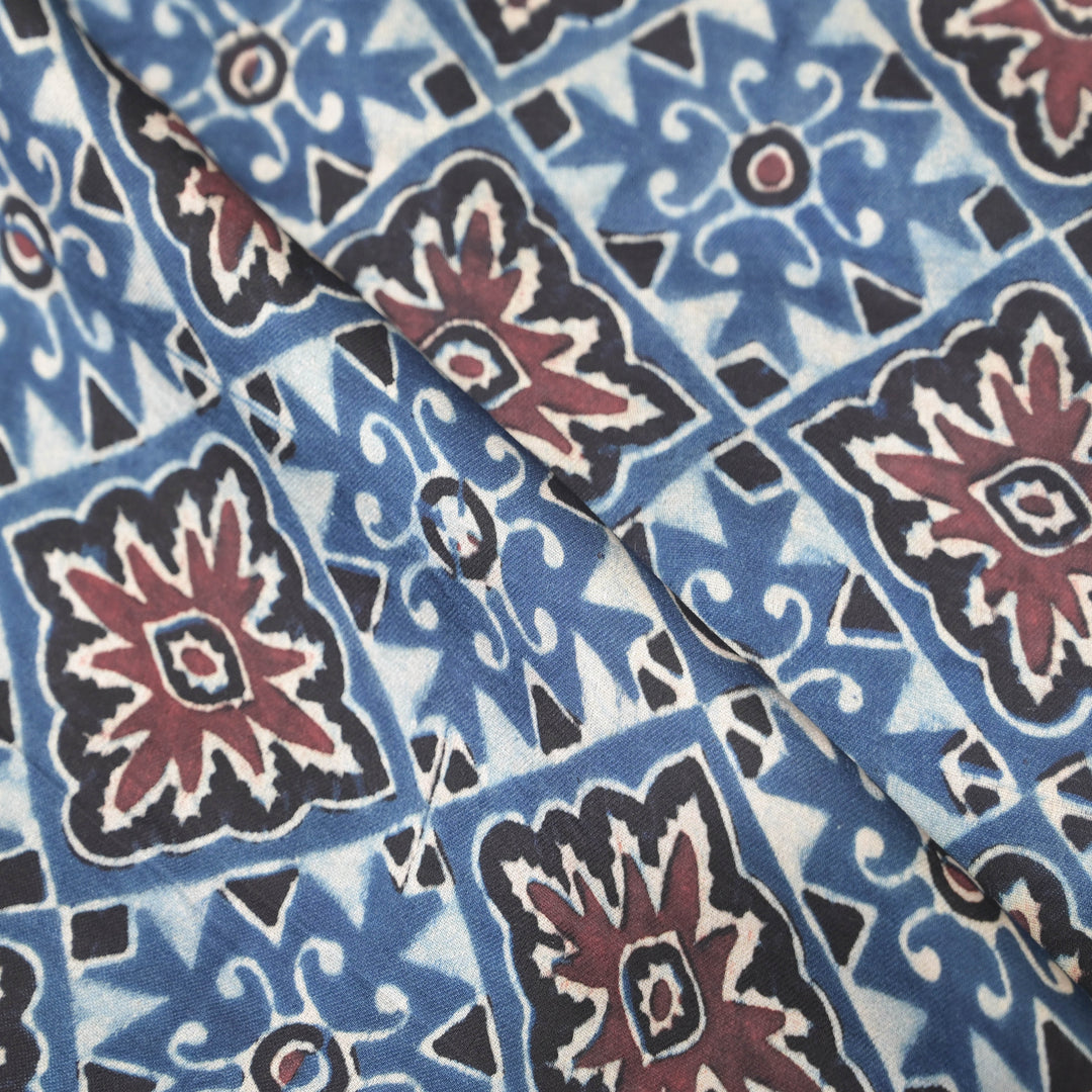 Blue Modal Satin Fabric in Traditonal Digital Print