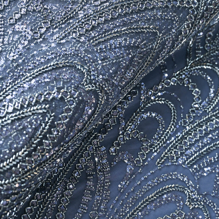 Midnight Blue Imported Net Fabric with allover Zari Embroidery