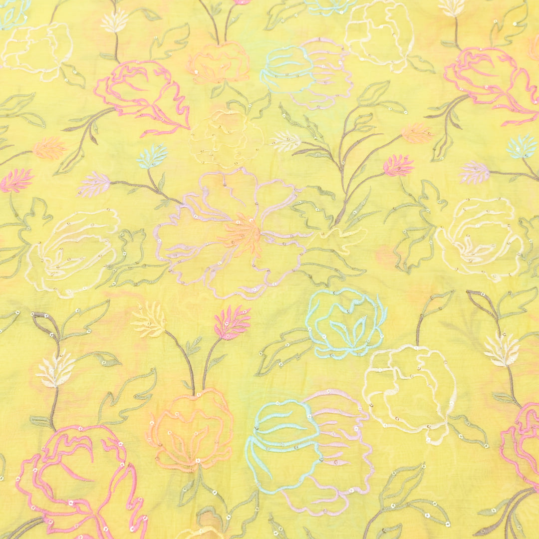 Yellow Mul Chanderi Fabric with allover Thread Embroidery.