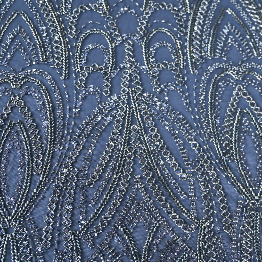 Midnight Blue Imported Net Fabric with allover Zari Embroidery