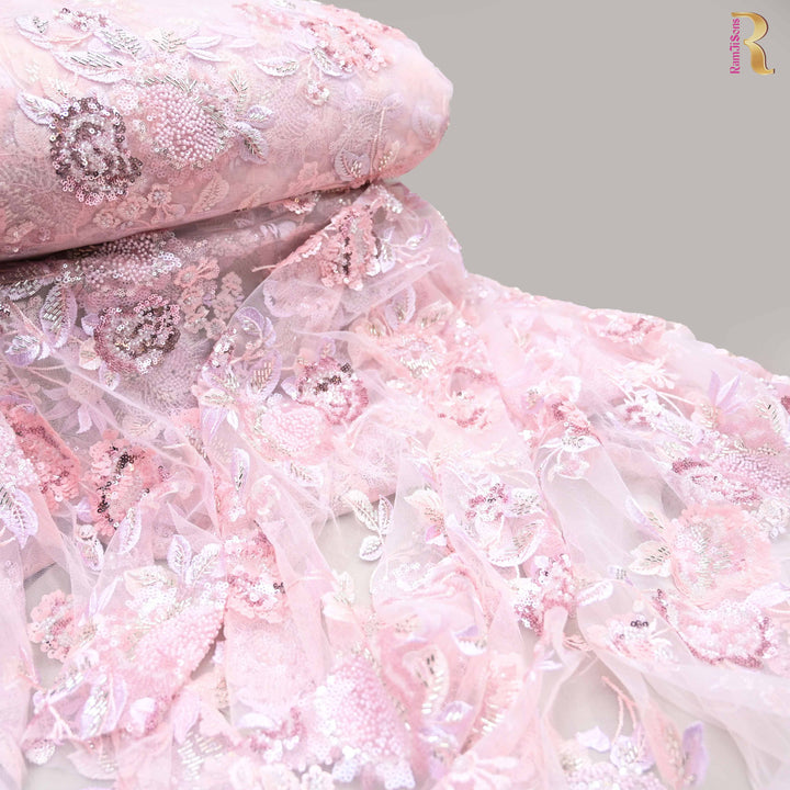 Blush Pink net embroidery fabric.|023-75B