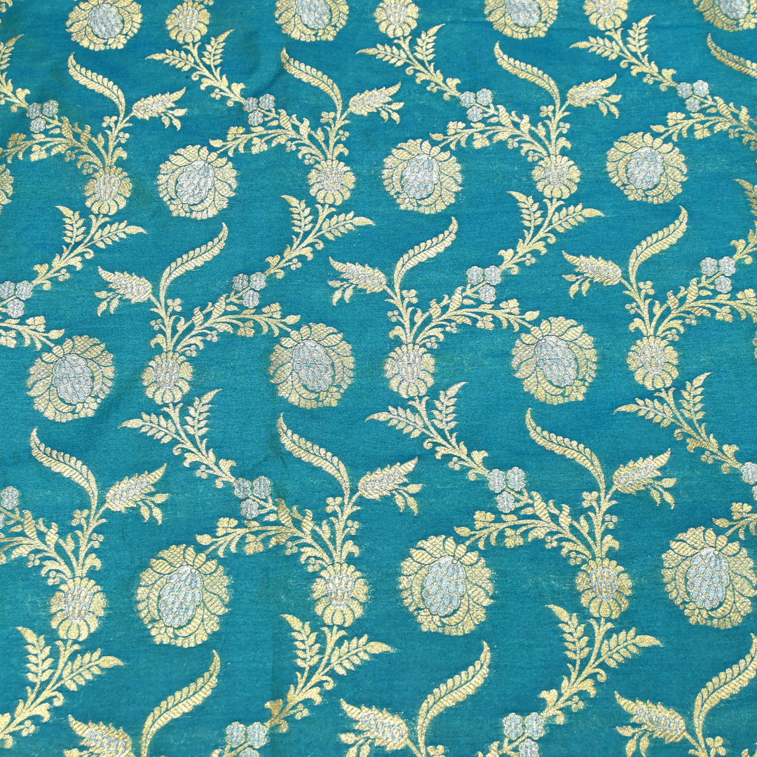 Teal Blue & Antique Gold Floral Brocade Fabric.