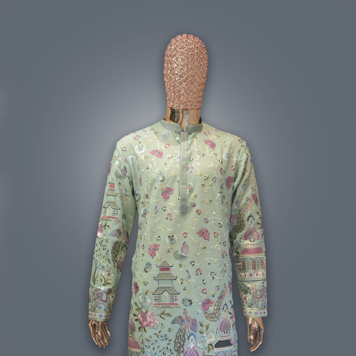 Mint Green allover Resham Dhaga Georgette Kurta Set