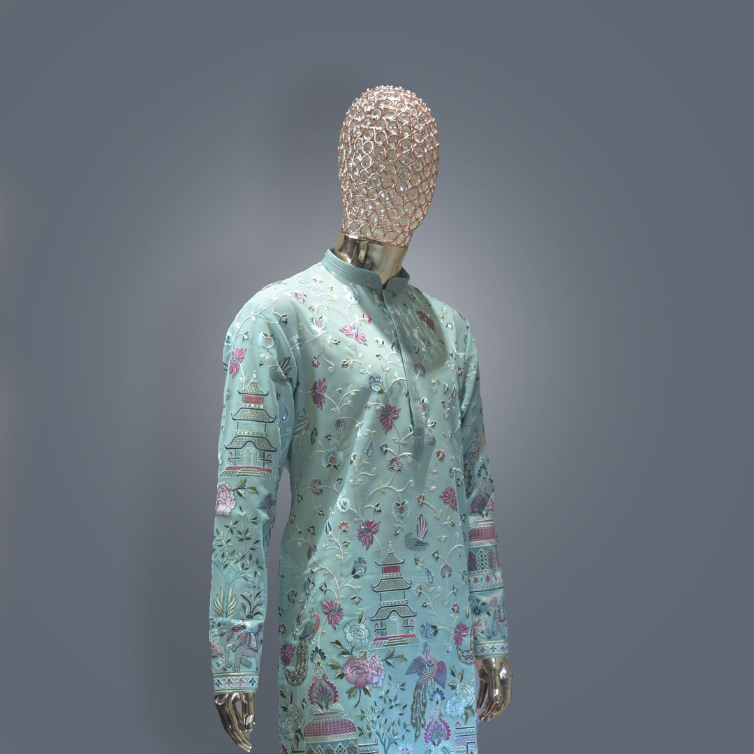 Light Blue allover Resham Dhaga Georgette Kurta Set