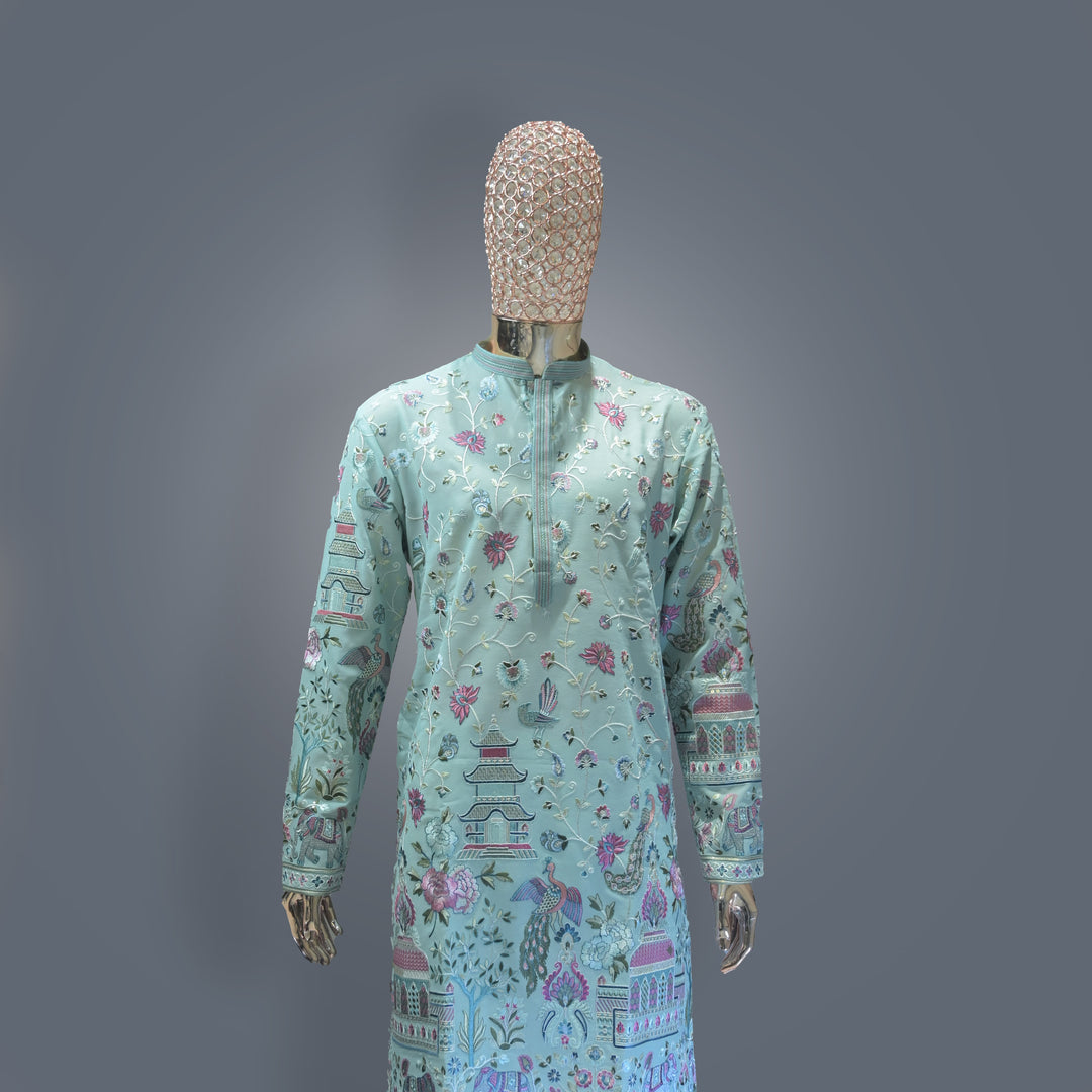 Light Blue allover Resham Dhaga Georgette Kurta Set