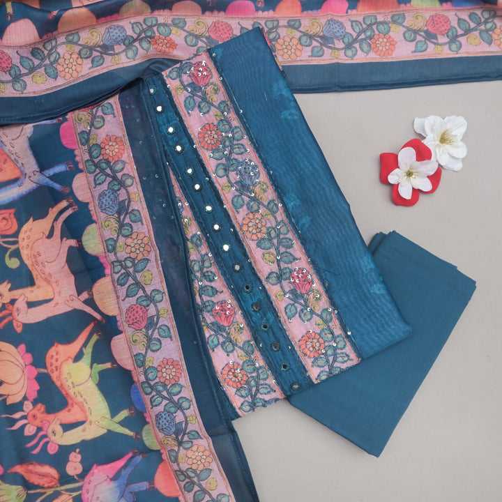 Blue Tussar Silk Unstitched Suit Set