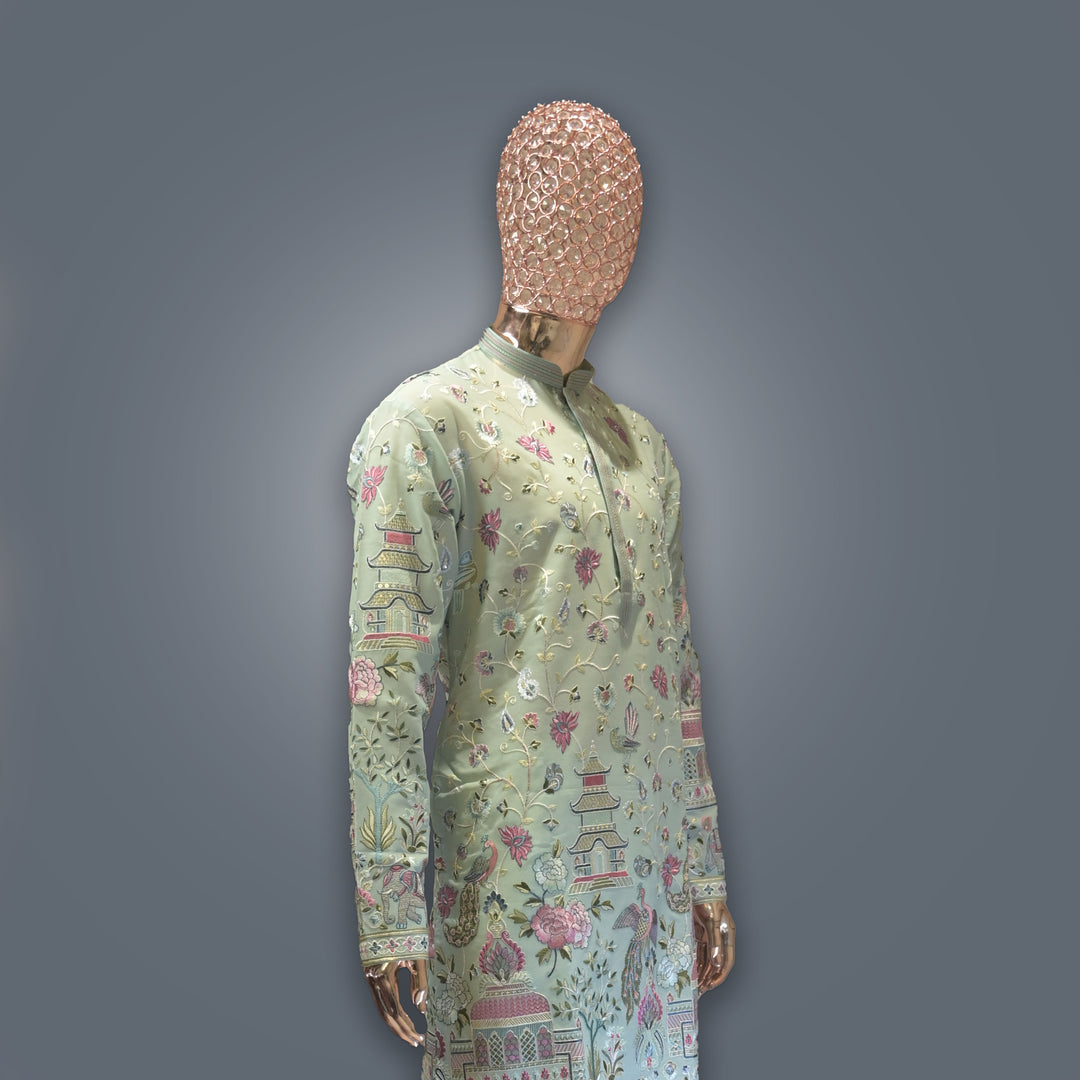 Mint Green allover Resham Dhaga Georgette Kurta Set