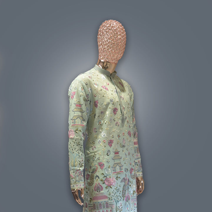 Mint Green allover Resham Dhaga Georgette Kurta Set