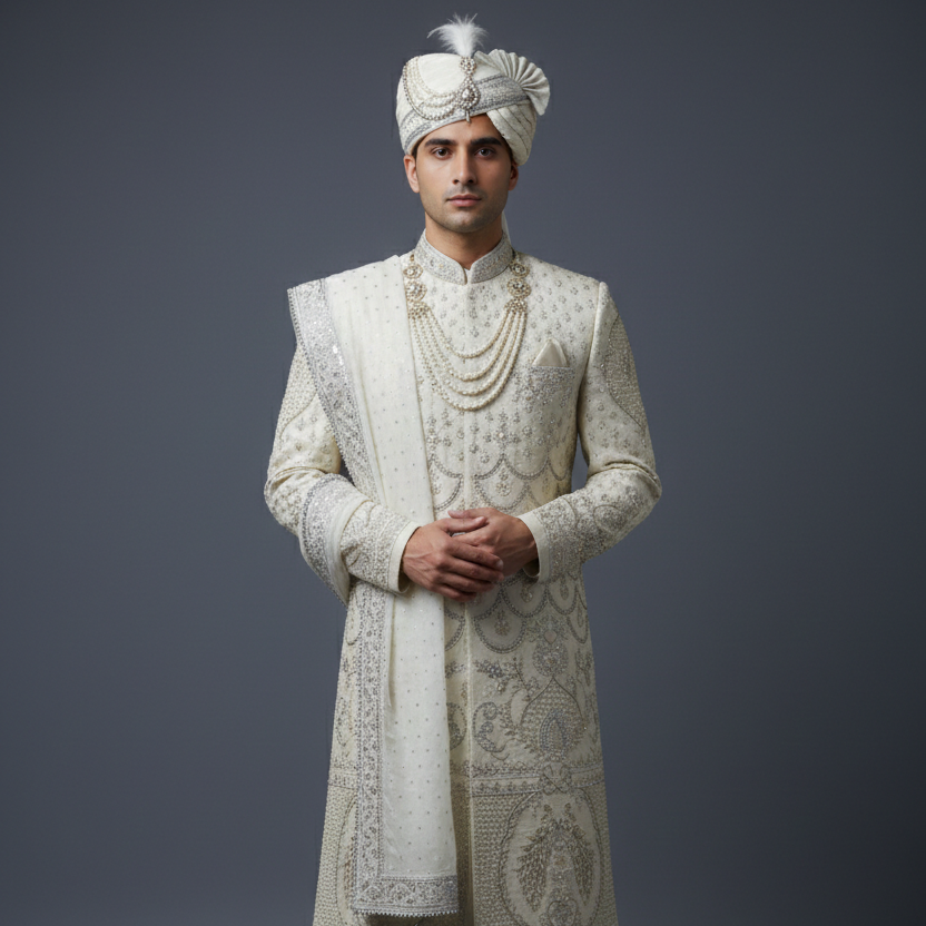 Man wearing a traditional embroidered sherwani with a turban on a gray background