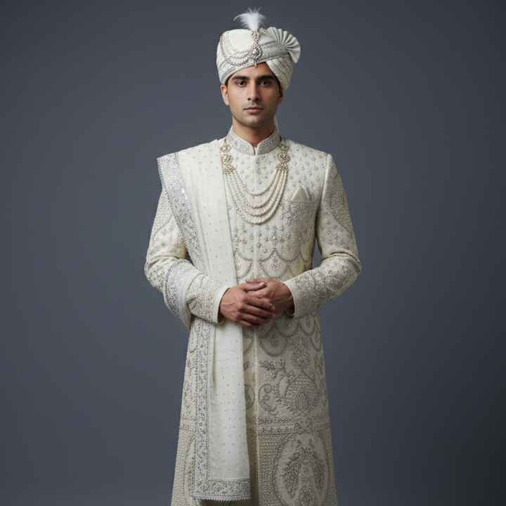 Man wearing a traditional embroidered sherwani with a turban on a gray background