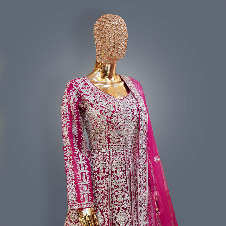Deep Magenta Designer Farshi Bridal Dress with Heavy Zari, Sequins, Cutdana and Hand Embroidery