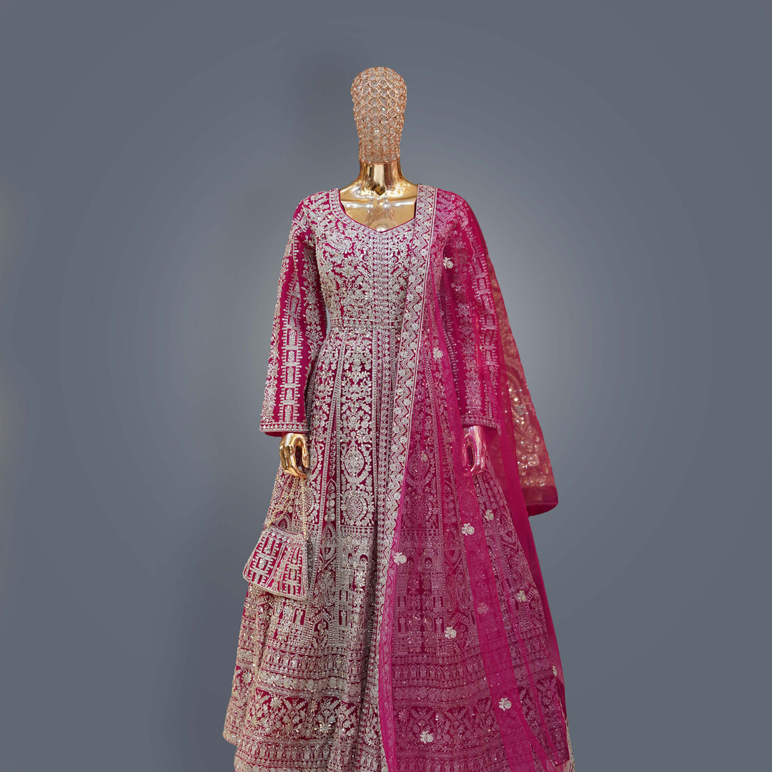 Deep Magenta Designer Farshi Bridal Dress with Heavy Zari, Sequins, Cutdana and Hand Embroidery