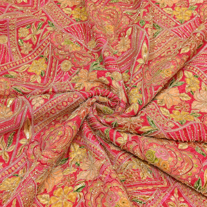 Premium Dyed Crepe Position Print Moti & Sequins Embroidery Fabric | Luxury Designer Ethnic Fabric| VI3547C-3