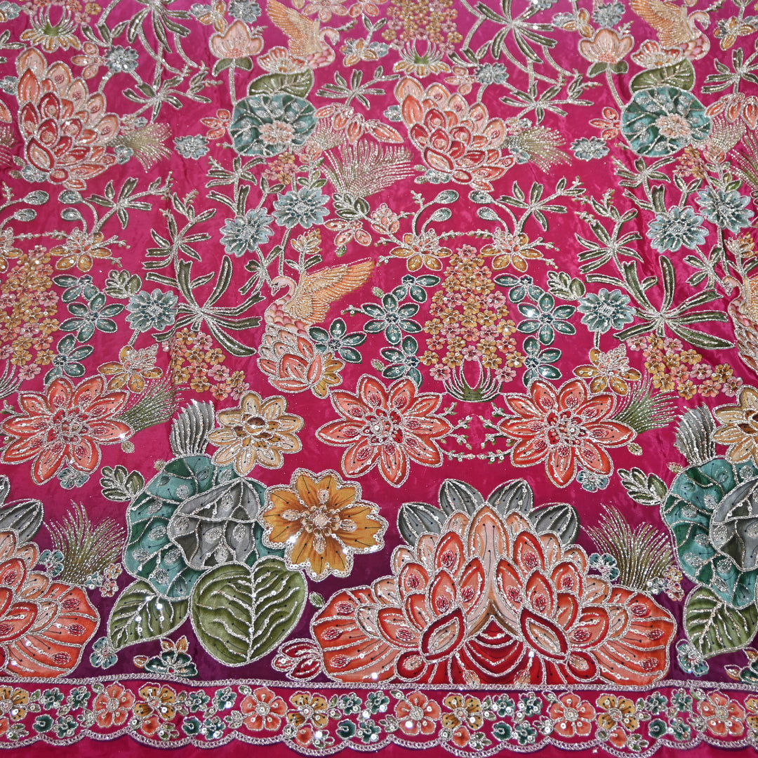 Multi Color Crepe Position Print Zari Sequence Embroidery Fabric