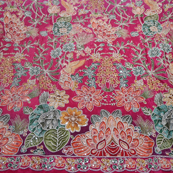 Multi Color Crepe Position Print Zari Sequence Embroidery Fabric