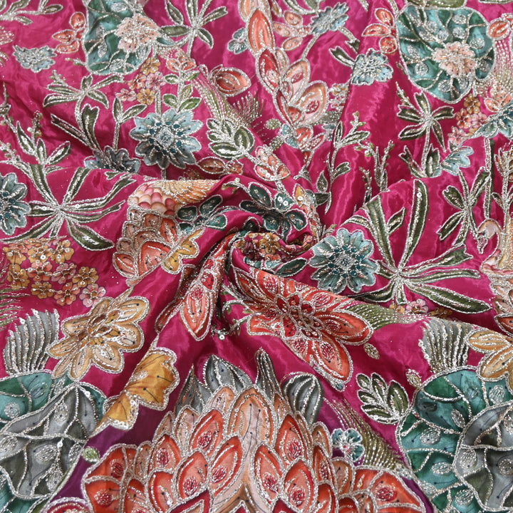 Multi Color Crepe Position Print Zari Sequence Embroidery Fabric