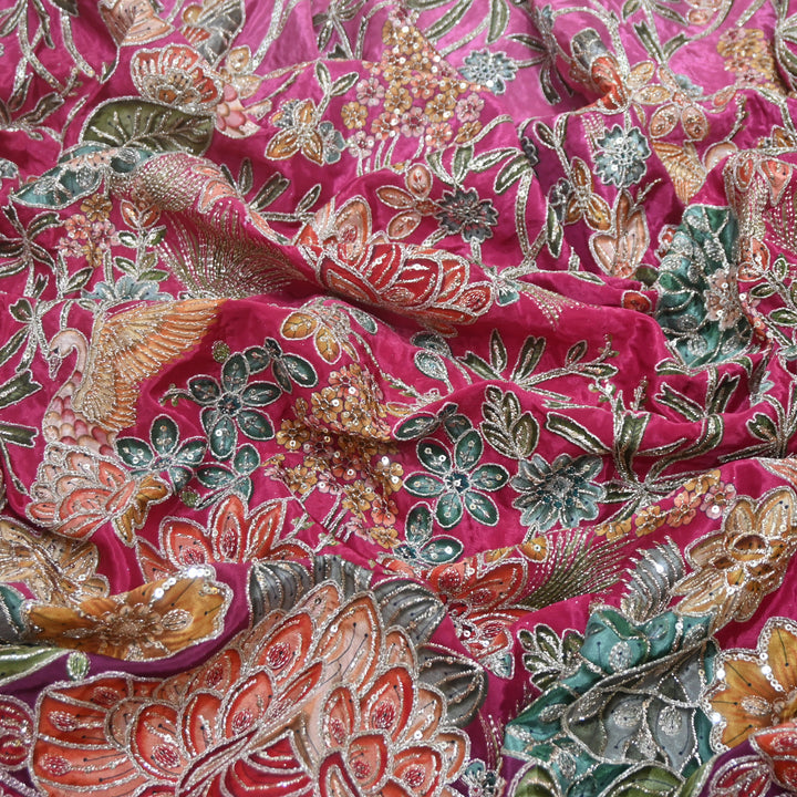 Multi Color Crepe Position Print Zari Sequence Embroidery Fabric